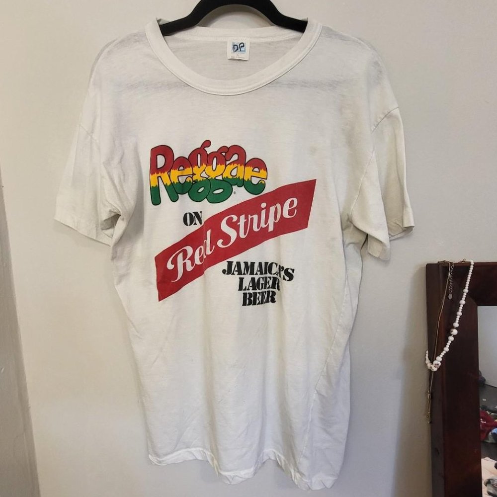 Sz XL, Vintage 70s/80s, Reggae on Red Stripe Jamaican Lager Beer white t-shirt